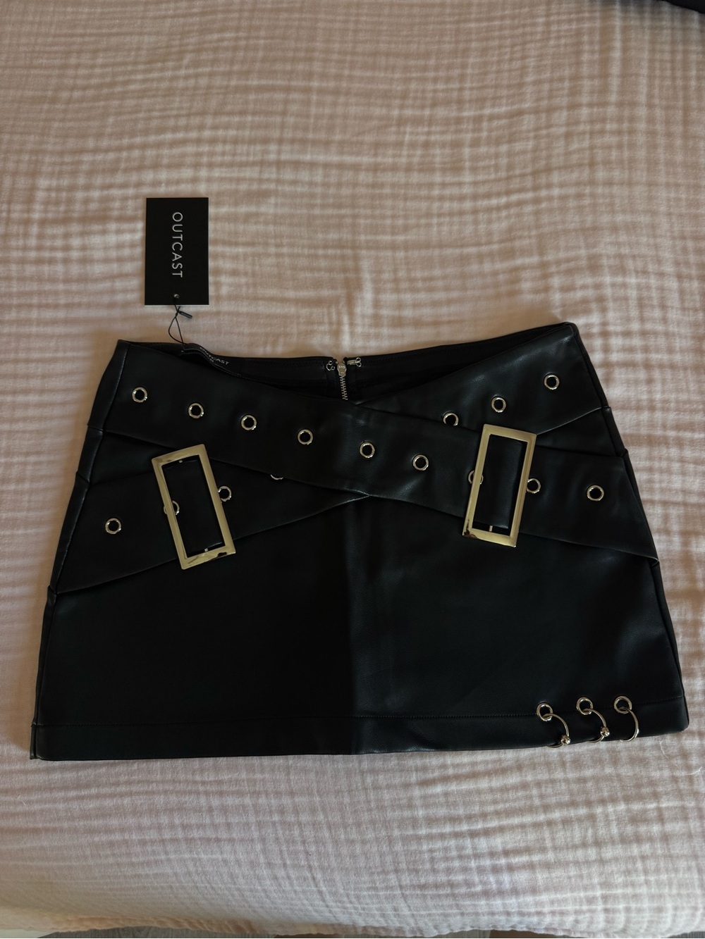 Outcast Black Mini Leather Skirt with Belt Details and Studs